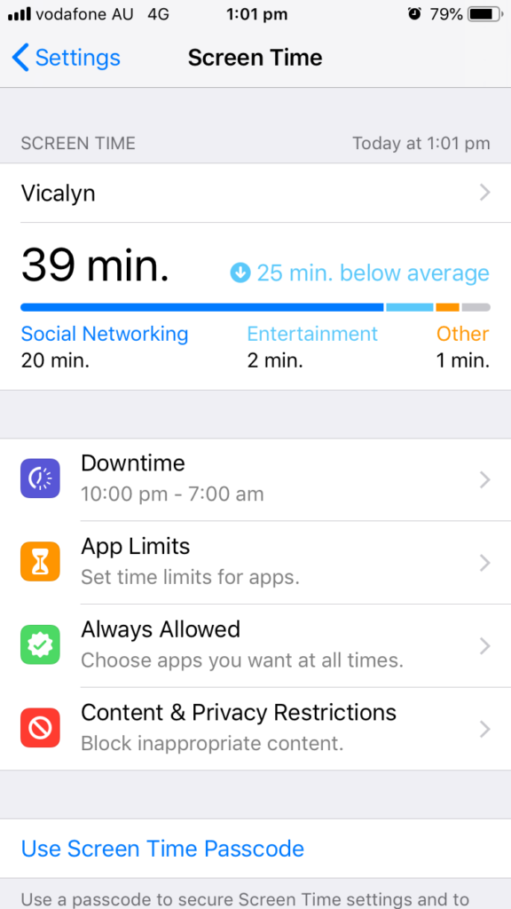 Screenshot of an iPhone Screen Time info page showing screen time for the Vicalyn app at 39 min and "25 min below average"