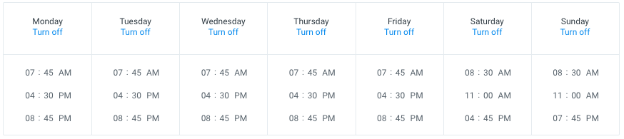 Screenshot of the Buffer 'posting schedule' screen, which shows each day of the week with three times listed below it.