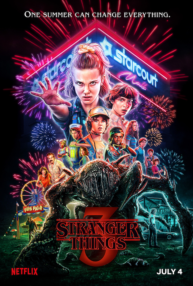 A movie style poster with photo-real illustrations of various people in the centre, with a 'starcourt mall' sign above them and a spindly creature below. Text at the top reads "One summer can change everything" while logo-text in red at the bottom reads "Stranger Things 3"