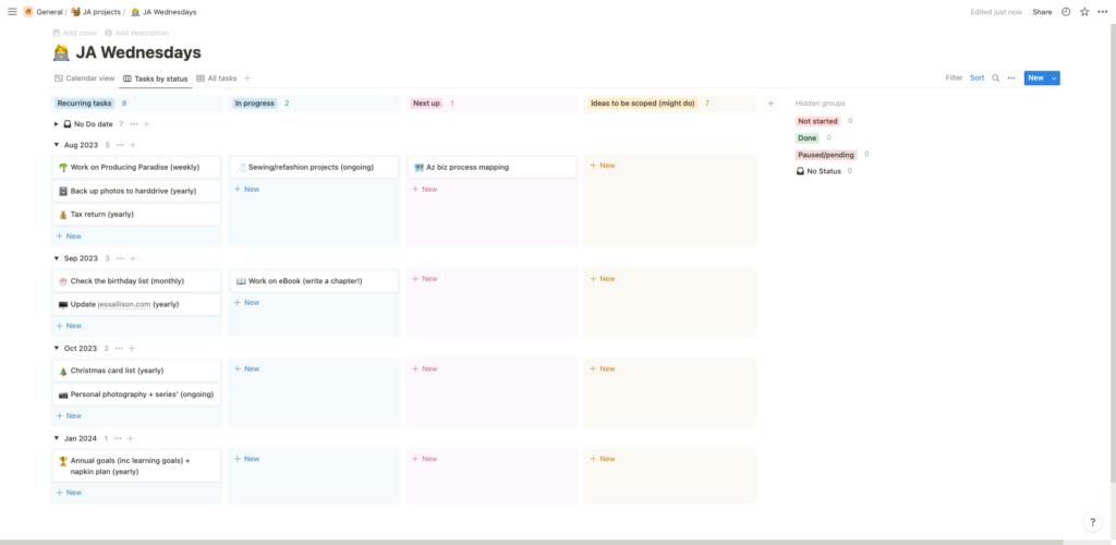 Screenshot of a personal tasks tracked by status in Notion