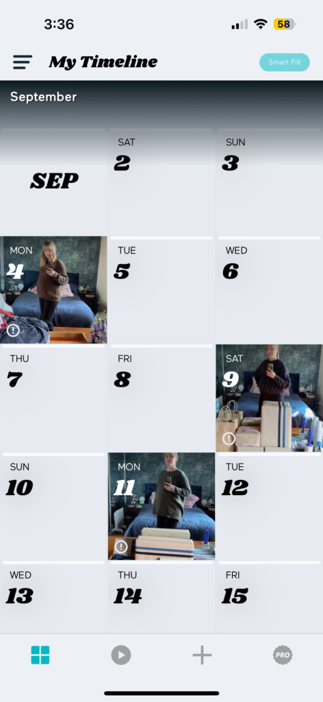 Screenshot of the 1 Second Everyday app showing thumbnails of photos on different days of the month