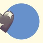 A duotoned dark purple and beige version of the Apple sparkly heart emoji, in front of a blue circle