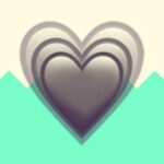 A duotoned dark purple and beige version of the Apple growing heart emoji, in front of a neon green zig zag shape across the bottom of the image
