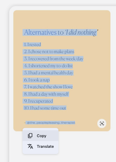 Screenshot of the Google Lens copy text drop down