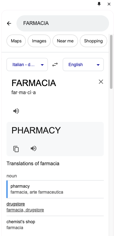 Screenshot of a Google translation from farmacia to pharmacy