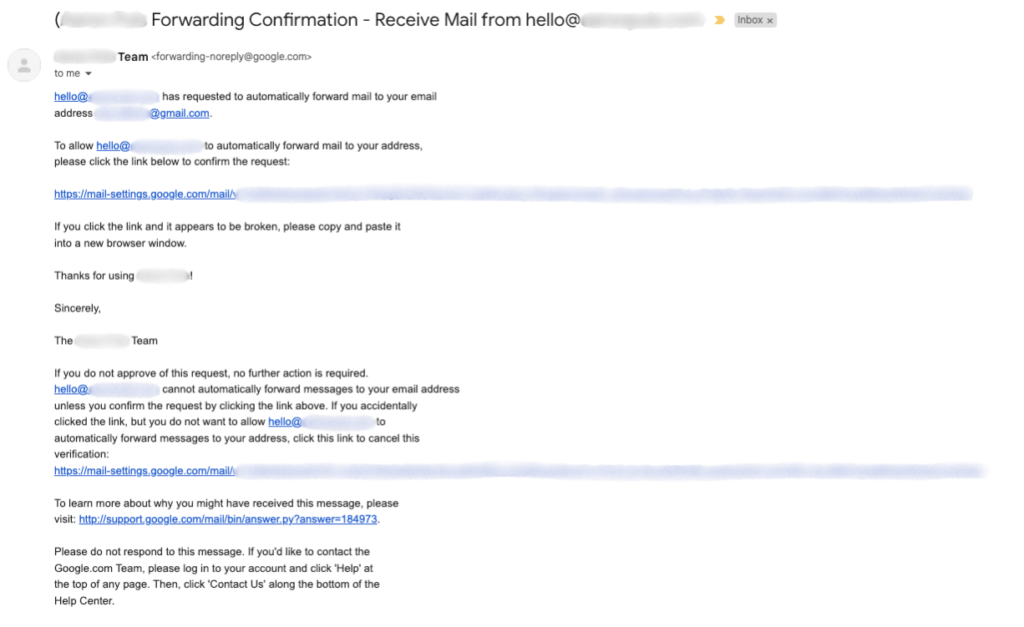 Screenshot of the confirmation email required to activate a new Gmail forwarding address