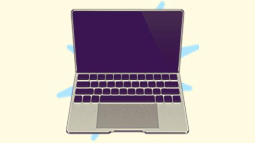 A duotoned dark purple and beige version of the Apple laptop emoji, in front of a blue starburst shape