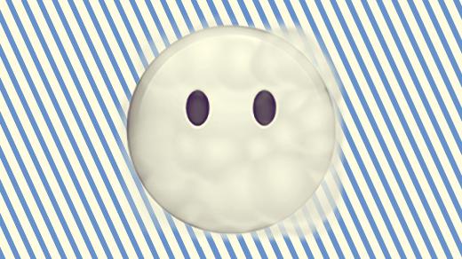 A duotoned dark purple and beige version of the Apple face in clouds emoji, in front of a blue horizontal striped background