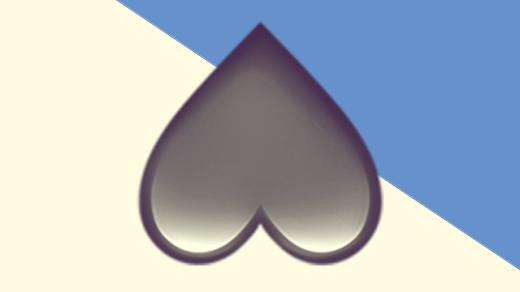 A duotoned dark purple and beige version of the Apple heart emoji upside down, in front of a blue triangle across the top right corner