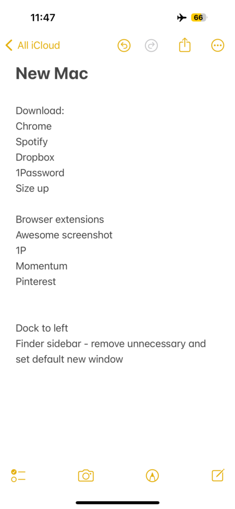 Screenshot of a Note file showing a checklist of steps for setting up a new mac