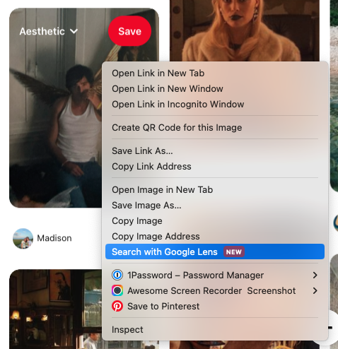 Screenshot of a Pinterest pin with drop down menu including new Search with Google Lens option