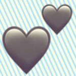 A duotoned dark purple and beige version of the Apple two hearts emoji, in front of a blue horizontal striped background