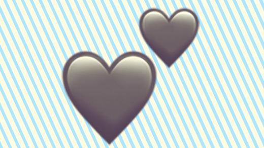 A duotoned dark purple and beige version of the Apple two hearts emoji, in front of a blue horizontal striped background