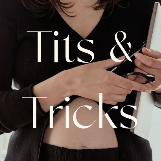 Tits and Tricks podcast cover image showing woman's torso in black top