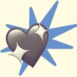 A duotoned dark purple and beige version of the Apple sparkly heart emoji, in front of a blue starburst shape