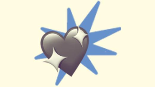 A duotoned dark purple and beige version of the Apple sparkly heart emoji, in front of a blue starburst shape