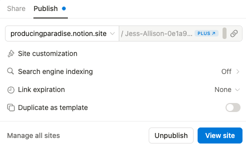 Screenshot of the Notion public site share settings