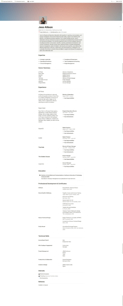 Screenshot of a Notion resume with sections for expertise, career summary, experience, education, professional development, technical skills, interests and referees.