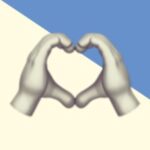 A duotoned dark purple and beige version of the Apple heart hands emoji, in front of a blue triangle across the top right corner