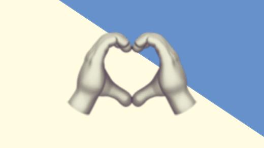 A duotoned dark purple and beige version of the Apple heart hands emoji, in front of a blue triangle across the top right corner