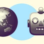 A duotoned dark purple and beige version of the Apple earth and robot emoji, in front of a blue circle