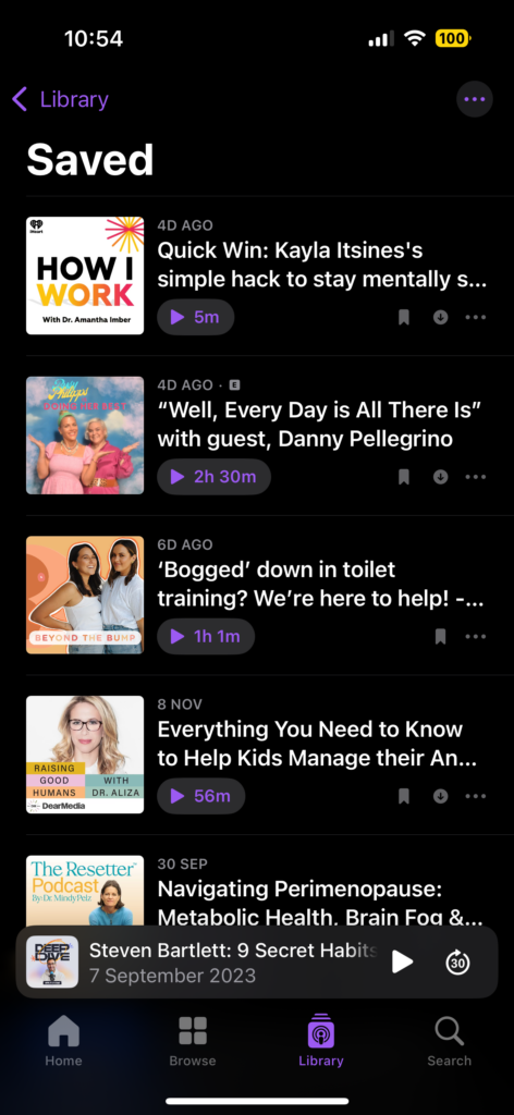 Screenshot of the Apple Podcasts Saved list