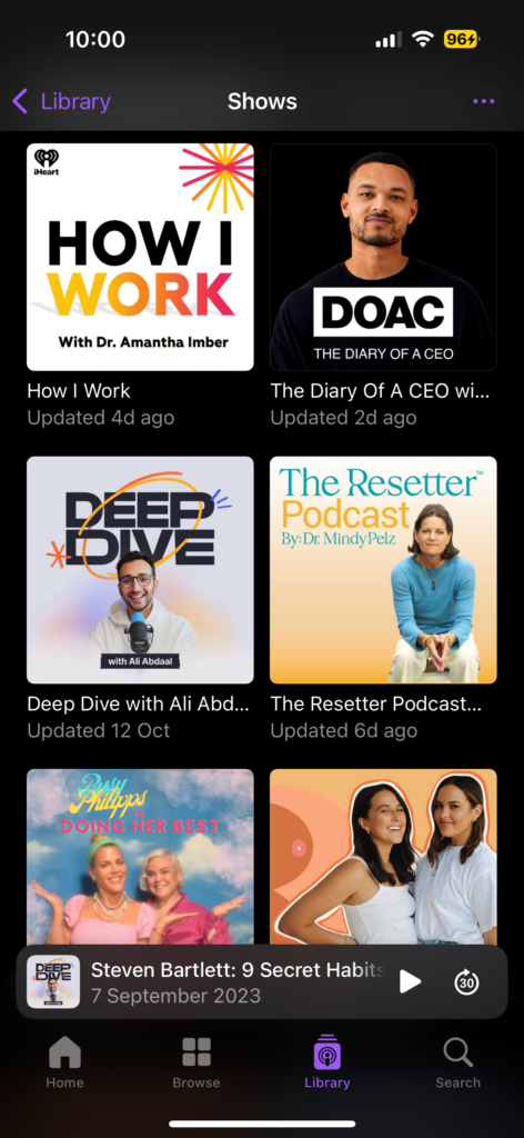 Screenshot of the Apple Podcasts shows list