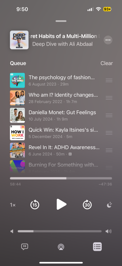 Screenshot of the Apple Podcasts queue feature