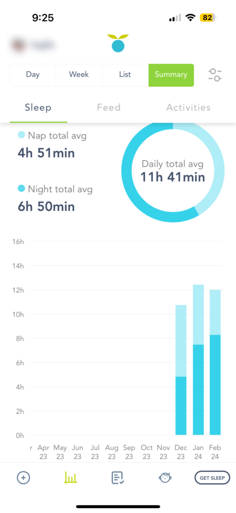 Screenshot of the Huckleberry app sleep reporting