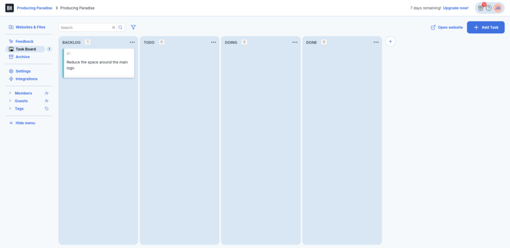 A screenshot of the Bugherd kanban board bug tracking view