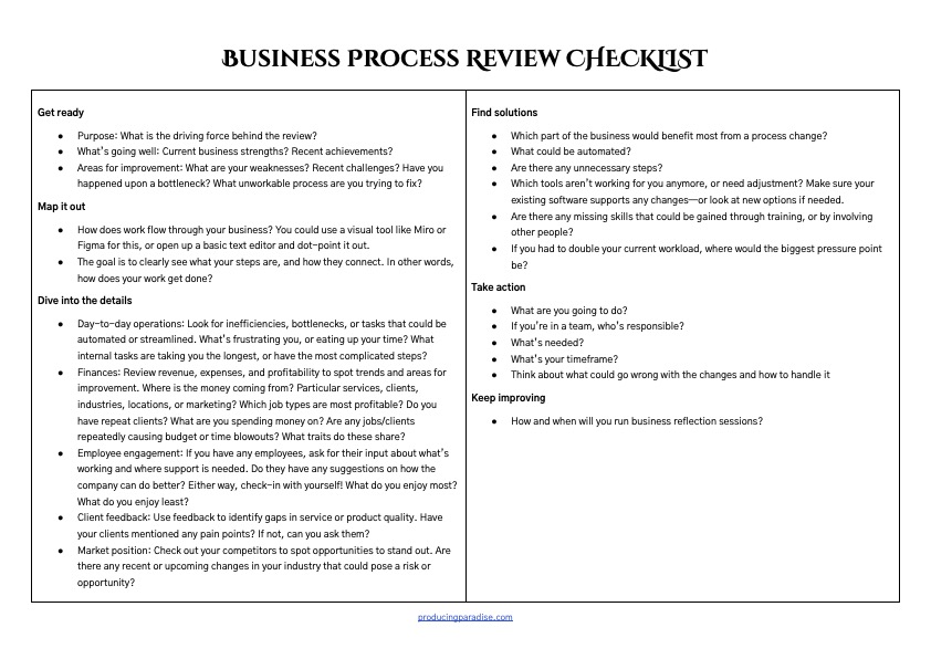 Screenshot of a checklist grouped into get ready, map it out, dive into the details, find solutions, take action and keep improving headings