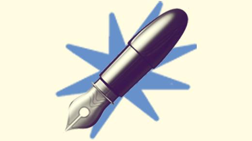 A duotoned dark purple and beige version of the Apple fountain pen emoji, in front of a blue starburst shape