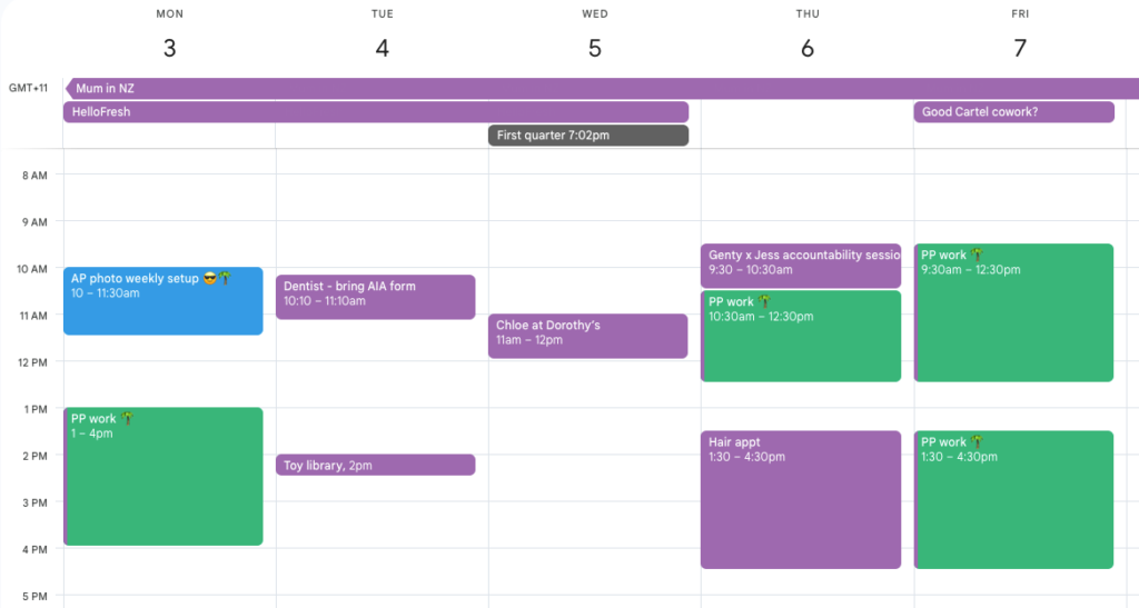 Screenshot of a Google calendar with various tasks in different colours to denote different task types