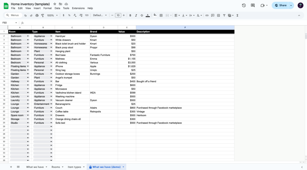 Screenshot of a demo home inventory spreadsheet