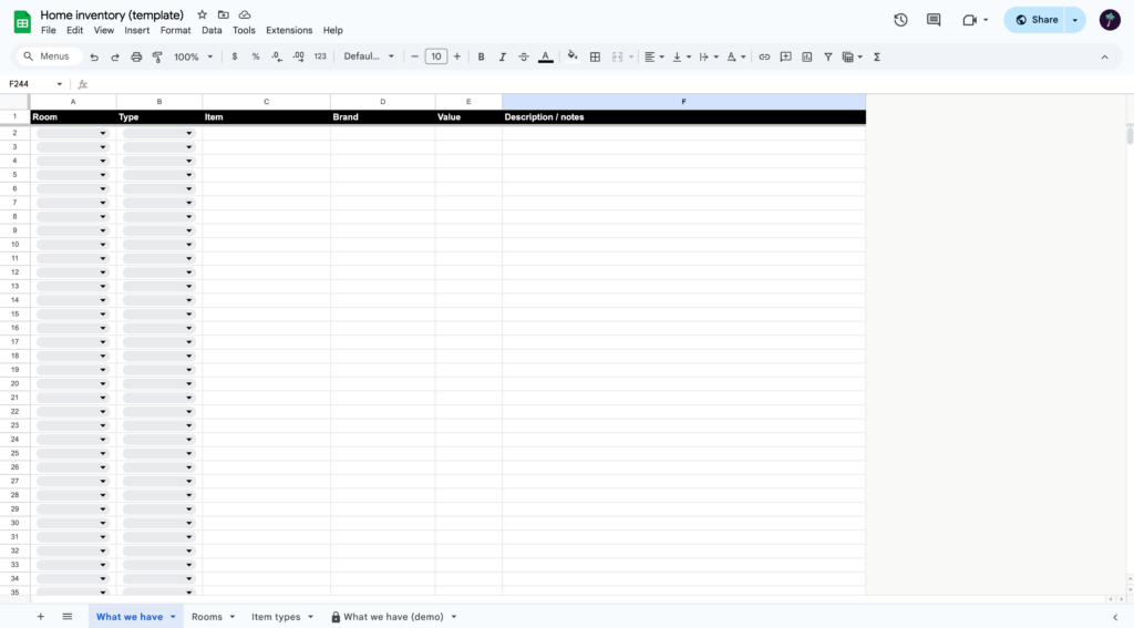 Screenshot of an empty home inventory spreadsheet template