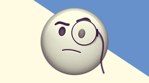 A duotoned dark purple and beige version of the Apple monocle emoji, in front of a blue triangle across the top right corner