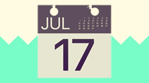 A duotoned dark purple and beige version of the Apple calendar emoji, in front of a green zig zag shape across the bottom of the image