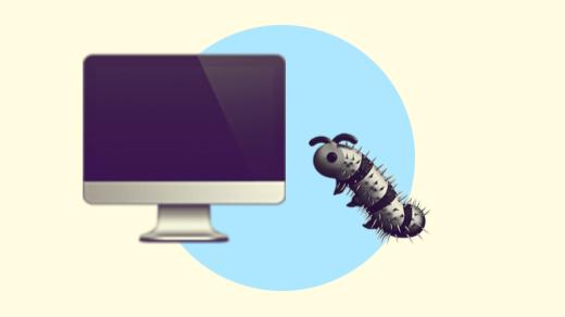 A duotoned dark purple and beige version of the Apple monitor and bug emoji, in front of a blue circle