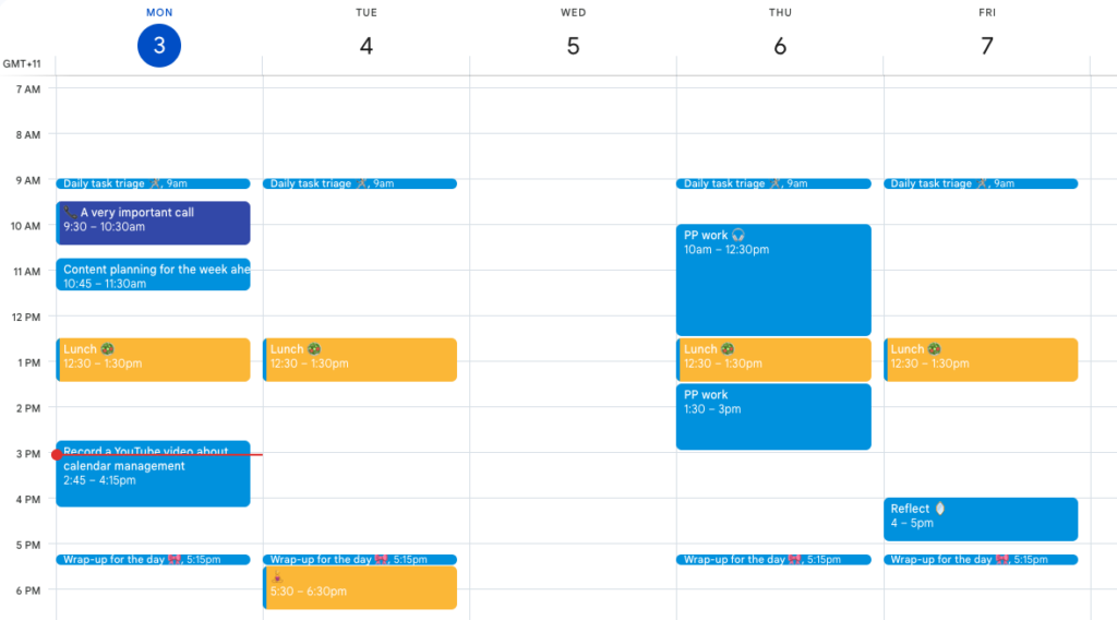 Screenshot of a Google calendar with various tasks in different colours to denote different task types