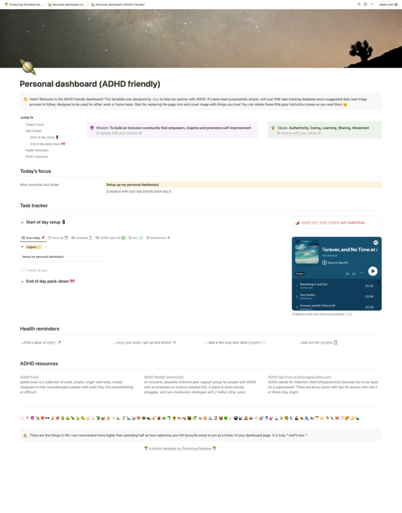 adhd notion dashboard by ProducingParadise.com