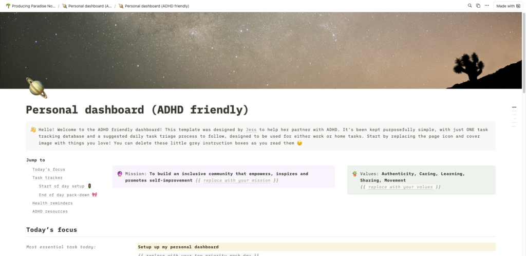 adhd notion dashboard with mono font