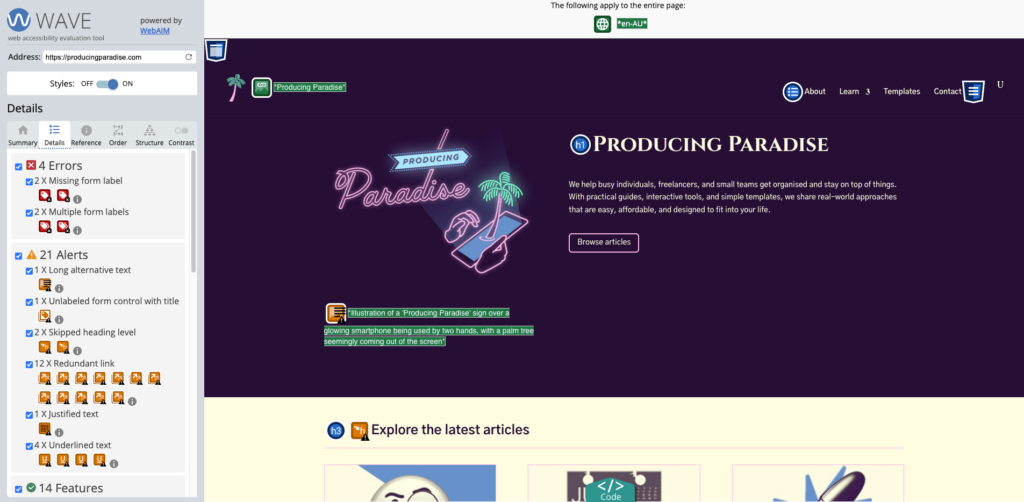 WAVE accessibility report for the Producing Paradise home page