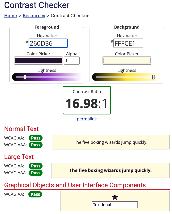 WebAIM contrast report for the Producing Paradise brand colours reversed