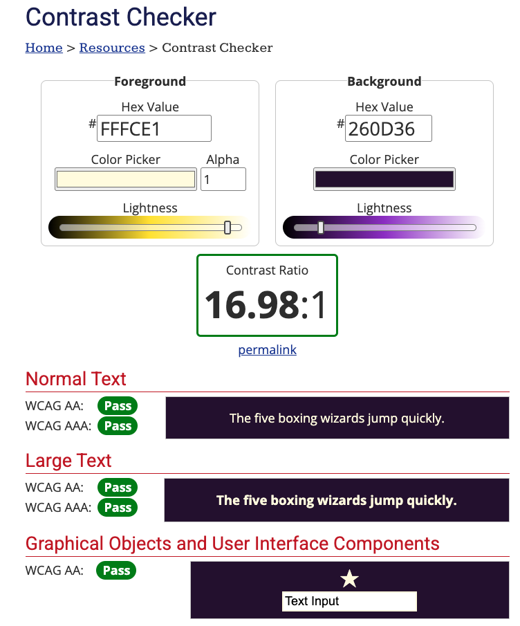 WebAIM contrast report for the Producing Paradise brand colours